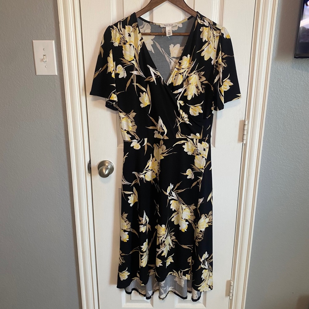 White House Black Market Floral Wrap Dress Black Yellow High Low Midi Womens 10